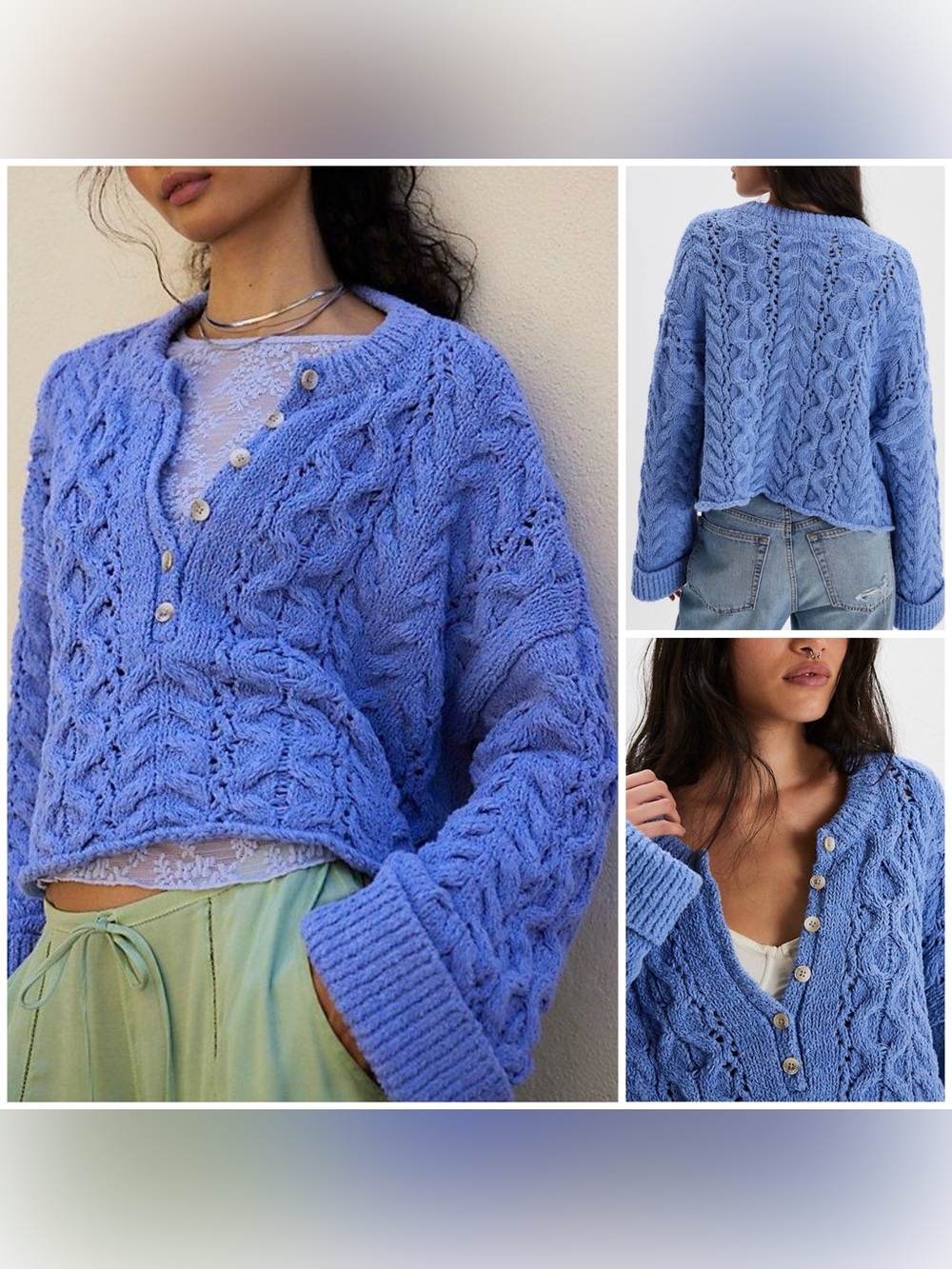 NWOT Free People Polly Cable-Knit Sweater - Fragrant Iris Periwinkle Blue - M